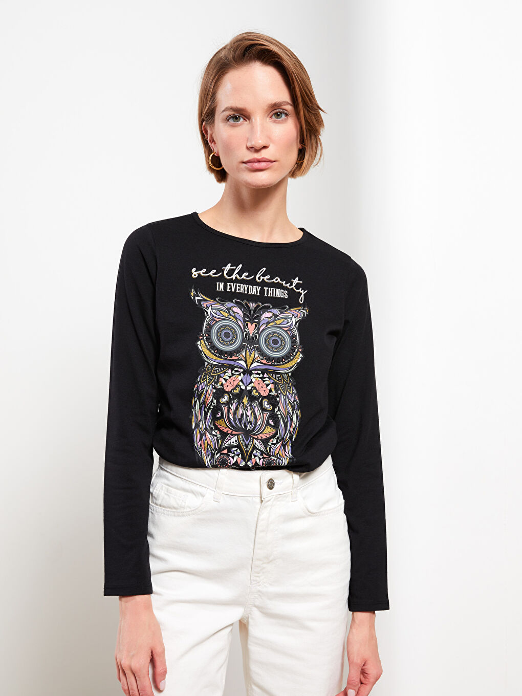 Crew Neck Printed Long Sleeve Women's T-Shirt-1