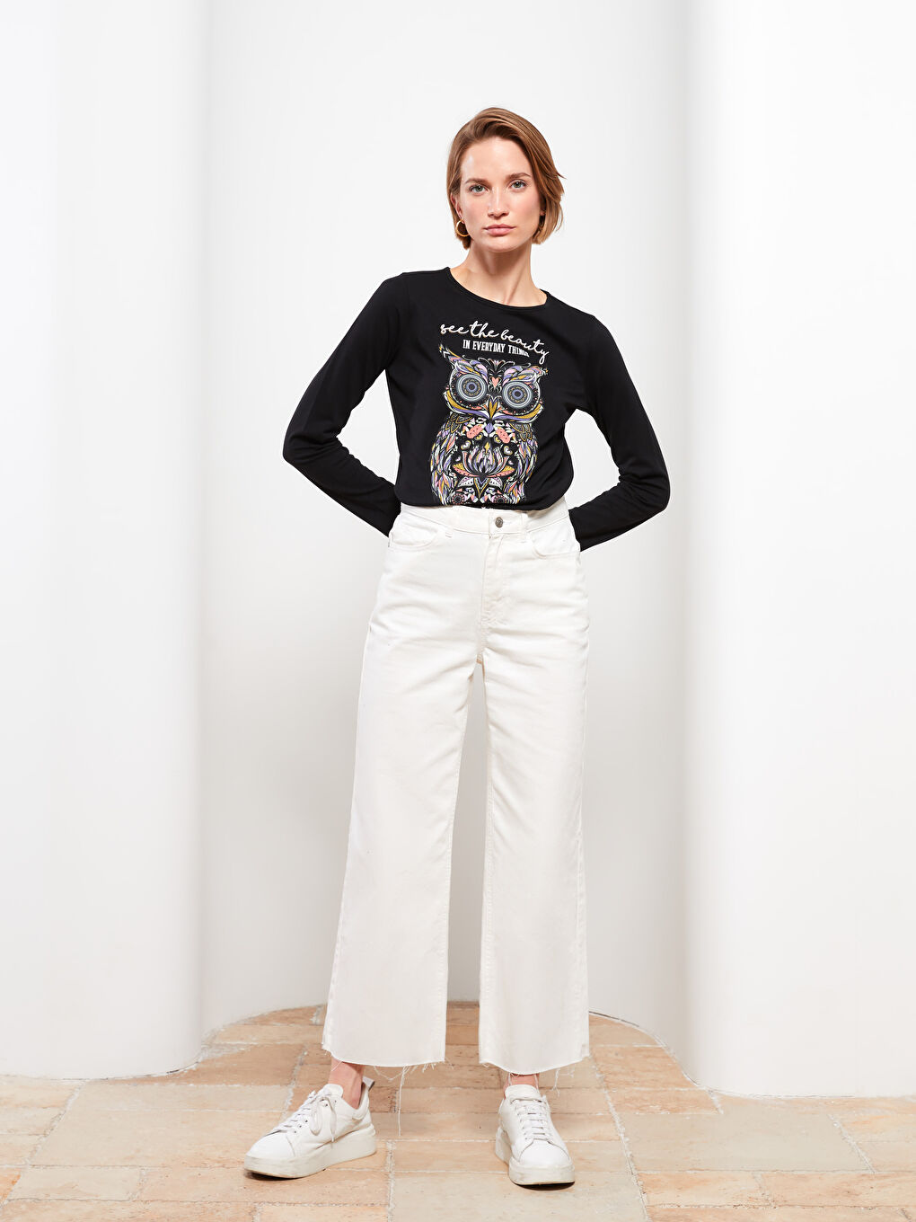 Crew Neck Printed Long Sleeve Women's T-Shirt-2