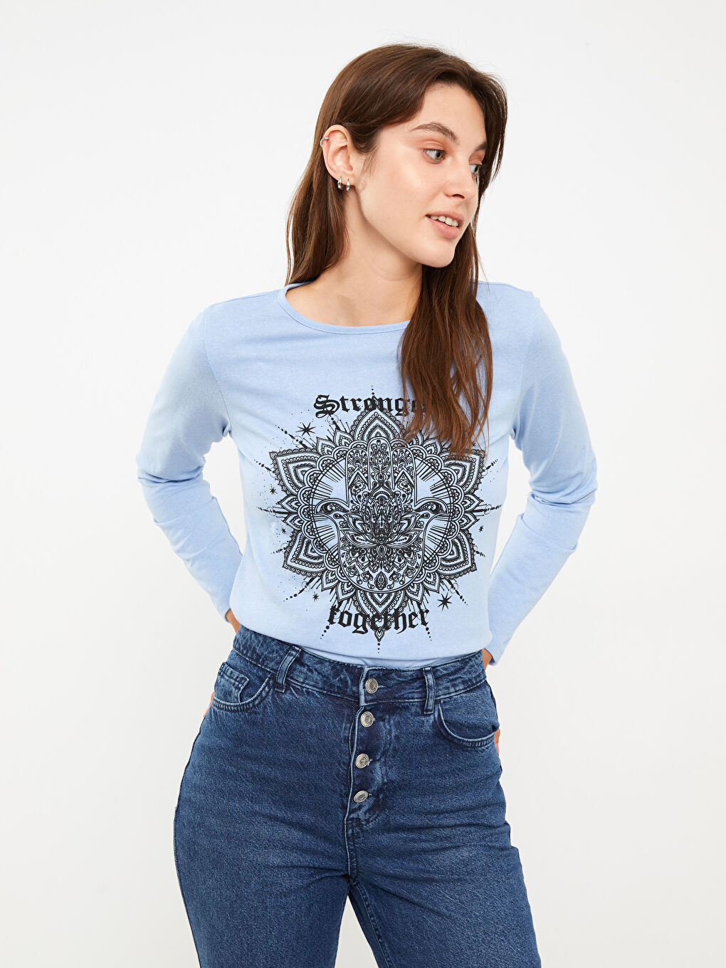 LCW ECO Rundhalsausschnitt Bedrucktes Langarm T-Shirt für Damen -W2EG30Z8-S87