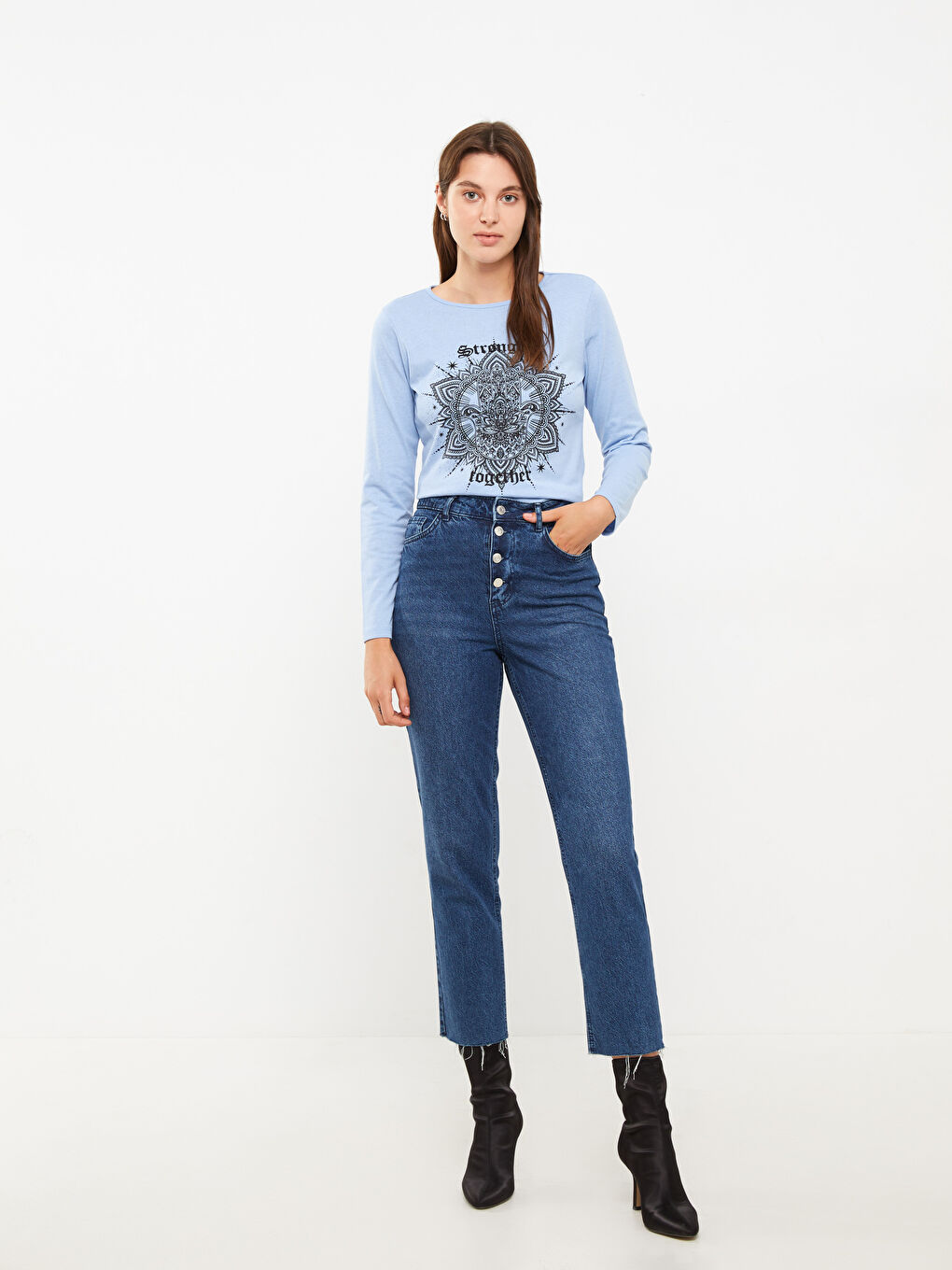 LCW ECO Rundhalsausschnitt Bedrucktes Langarm T-Shirt für Damen -W2EG30Z8-S87