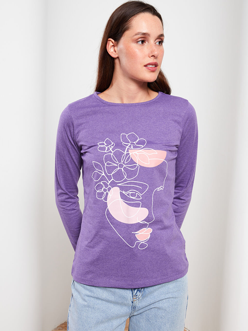 Crew Neck Printed Long Sleeve Women's T-Shirt-2