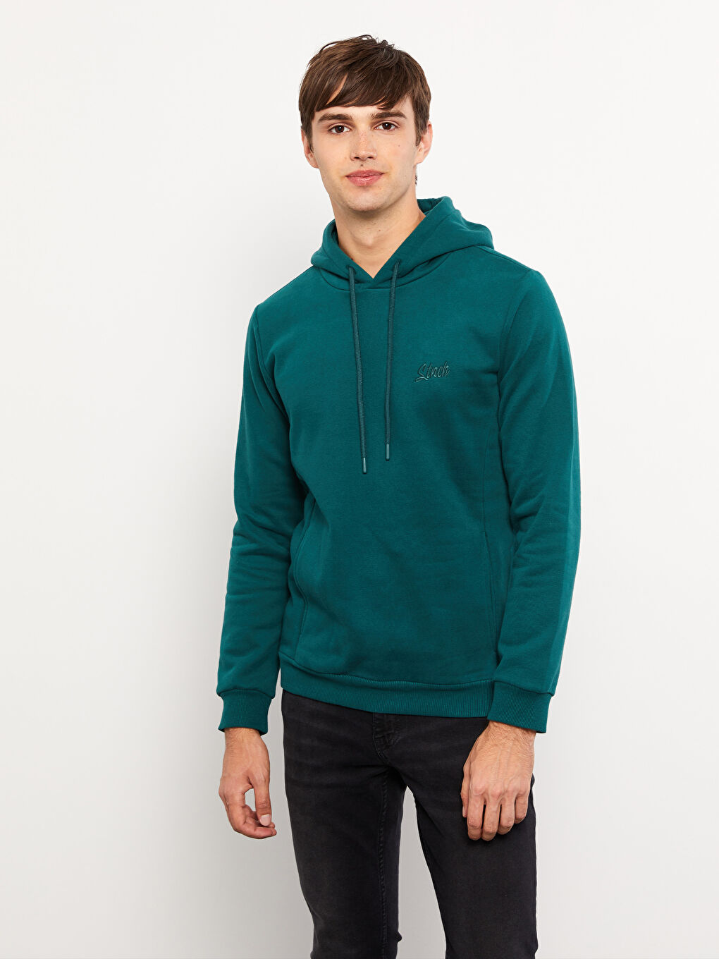 LCW Casual Koyu Yeşil Uzun Kollu Nakışlı Erkek Hoodie