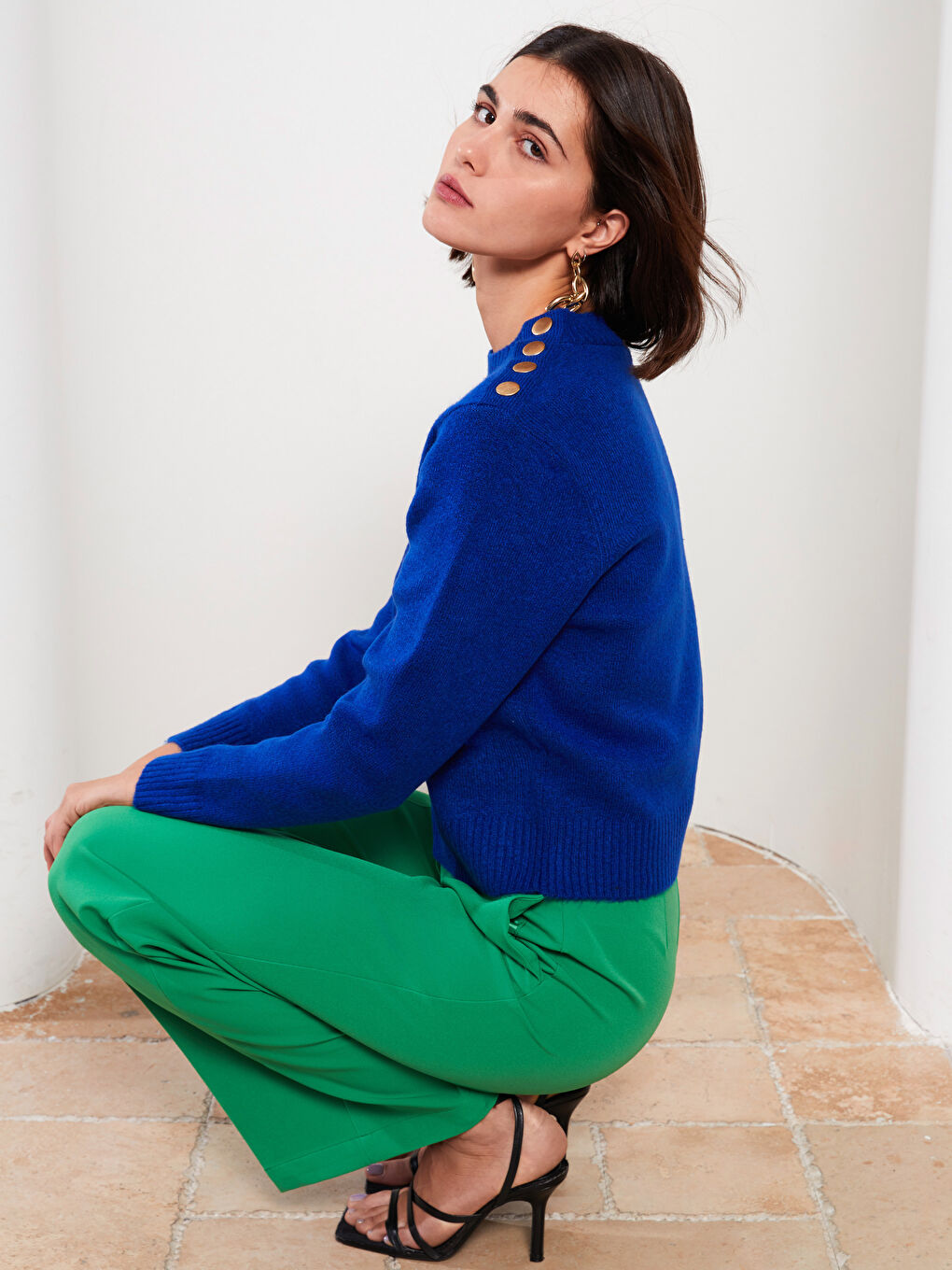 Mavi Bisiklet Yaka Düz Uzun Kollu Kadın Triko Kazak