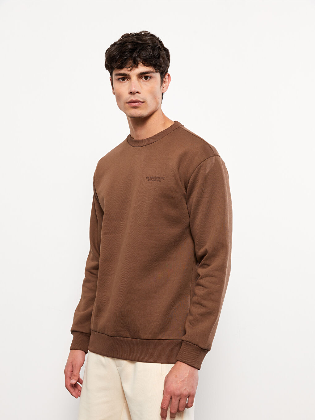 Kahverengi Bisiklet Yaka Baskılı Erkek Kalın Sweatshirt