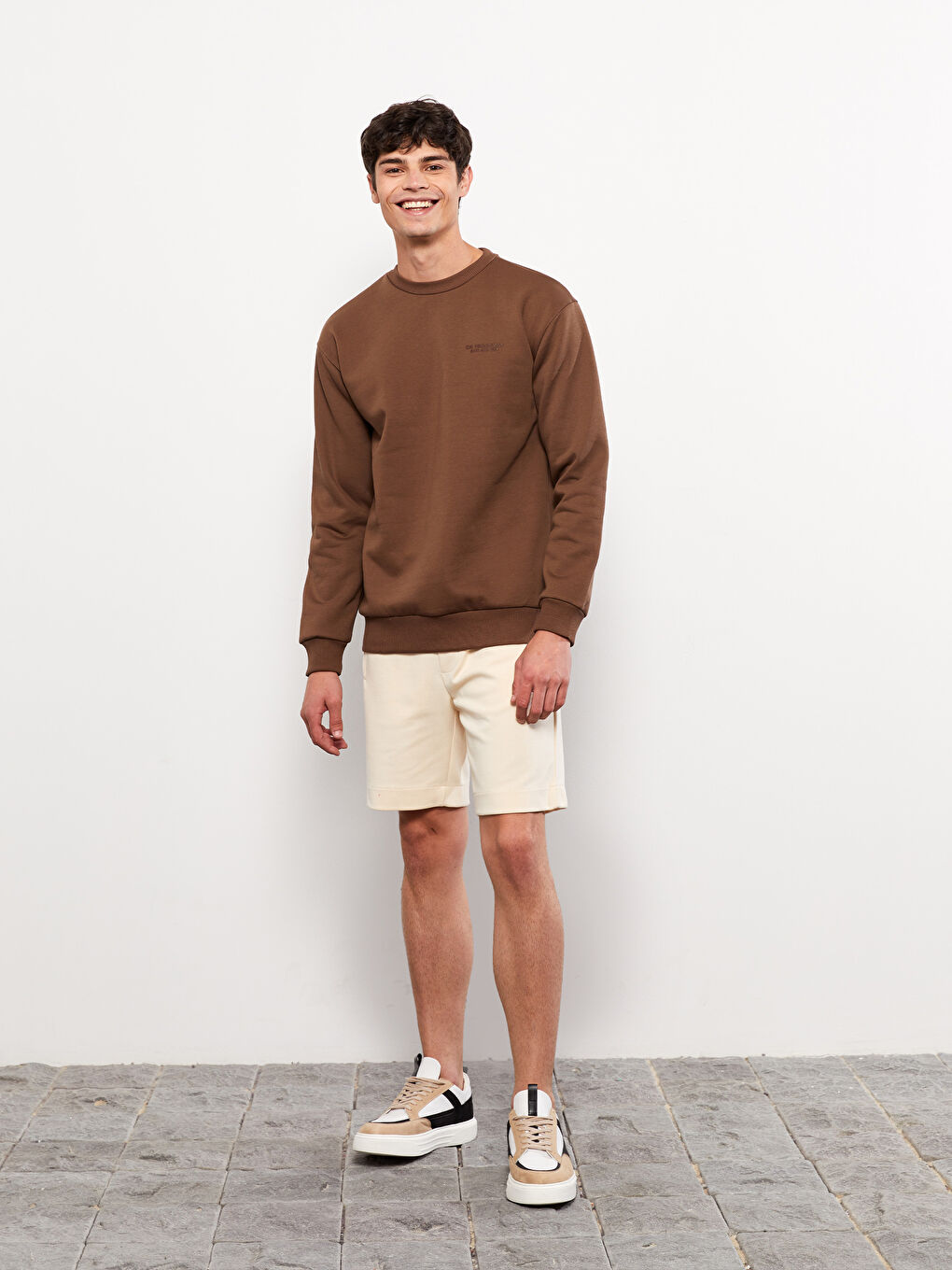 Kahverengi Bisiklet Yaka Baskılı Erkek Kalın Sweatshirt-2