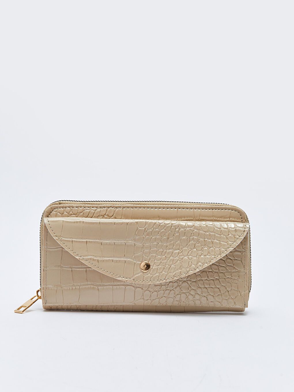 Bej Deri Görünümlü Kroko Desenli Kadın Cüzdan