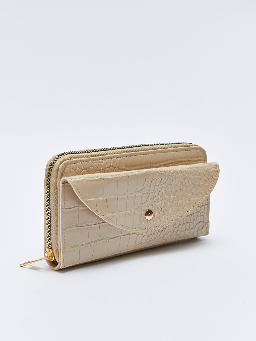 Bej Deri Görünümlü Kroko Desenli Kadın Cüzdan-1