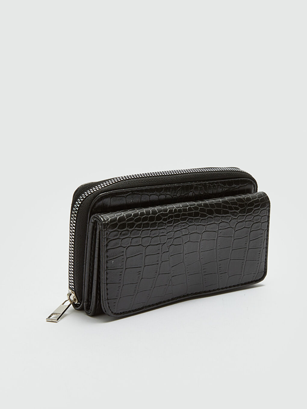 Siyah Deri Görünümlü Kroko Desenli Kadın Cüzdan-1