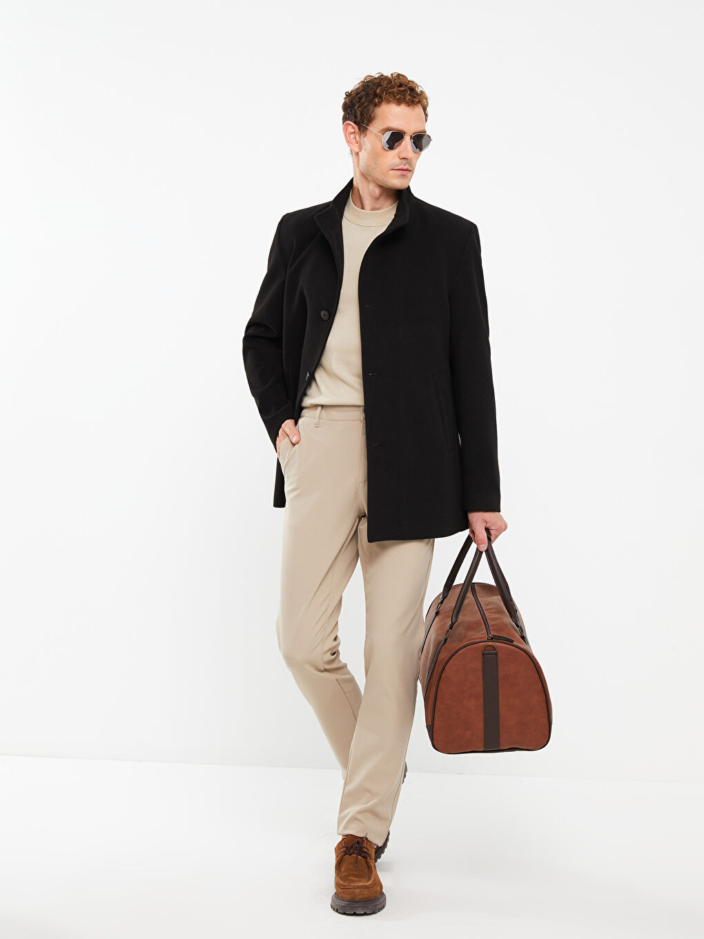 Siyah Standart Kalıp Dik Yaka Erkek Kaşe Kaban