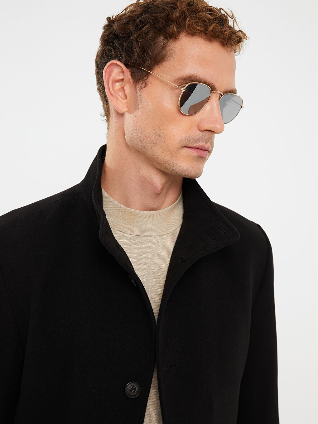 Siyah Standart Kalıp Dik Yaka Erkek Kaşe Kaban-2