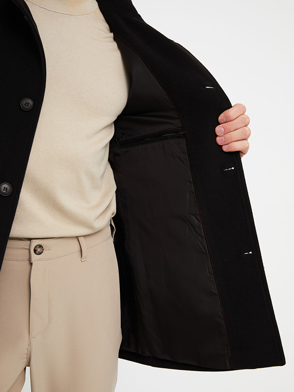 Siyah Standart Kalıp Dik Yaka Erkek Kaşe Kaban-3