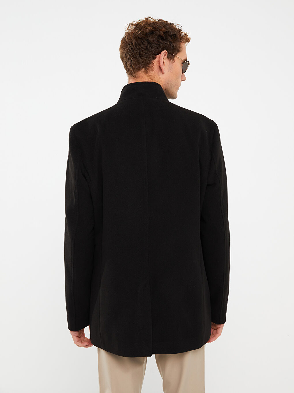 Siyah Standart Kalıp Dik Yaka Erkek Kaşe Kaban-4