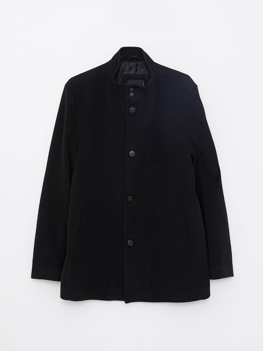 Siyah Standart Kalıp Dik Yaka Erkek Kaşe Kaban-5