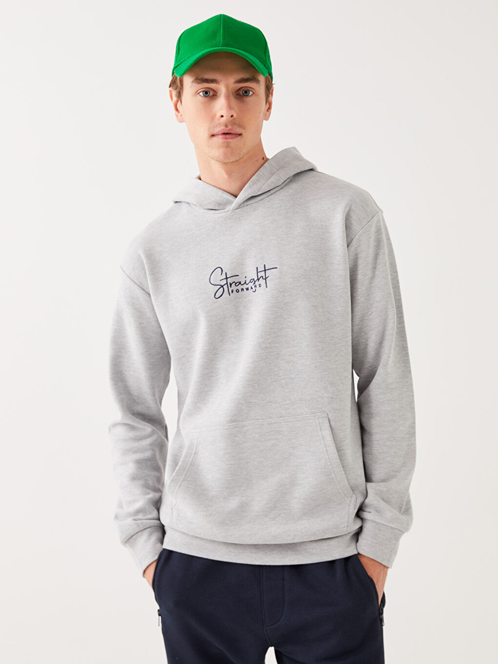 LCW Casual Gri Melanj Uzun Kollu Nakışlı Erkek Hoodie - 1