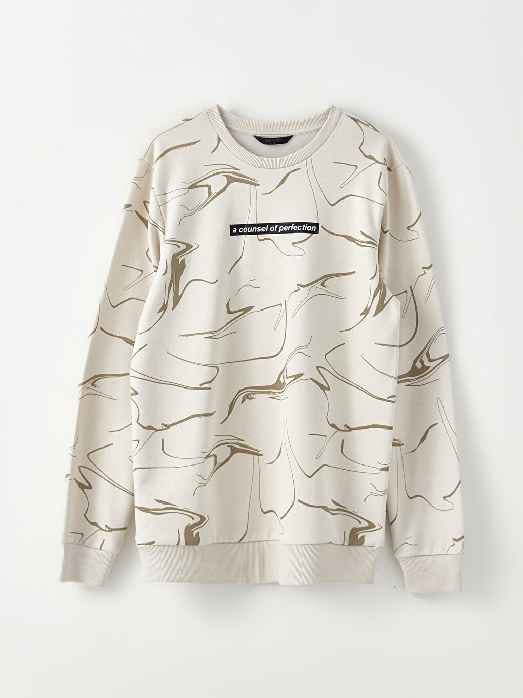 Bej Bisiklet Yaka Baskılı Erkek Kalın Sweatshirt