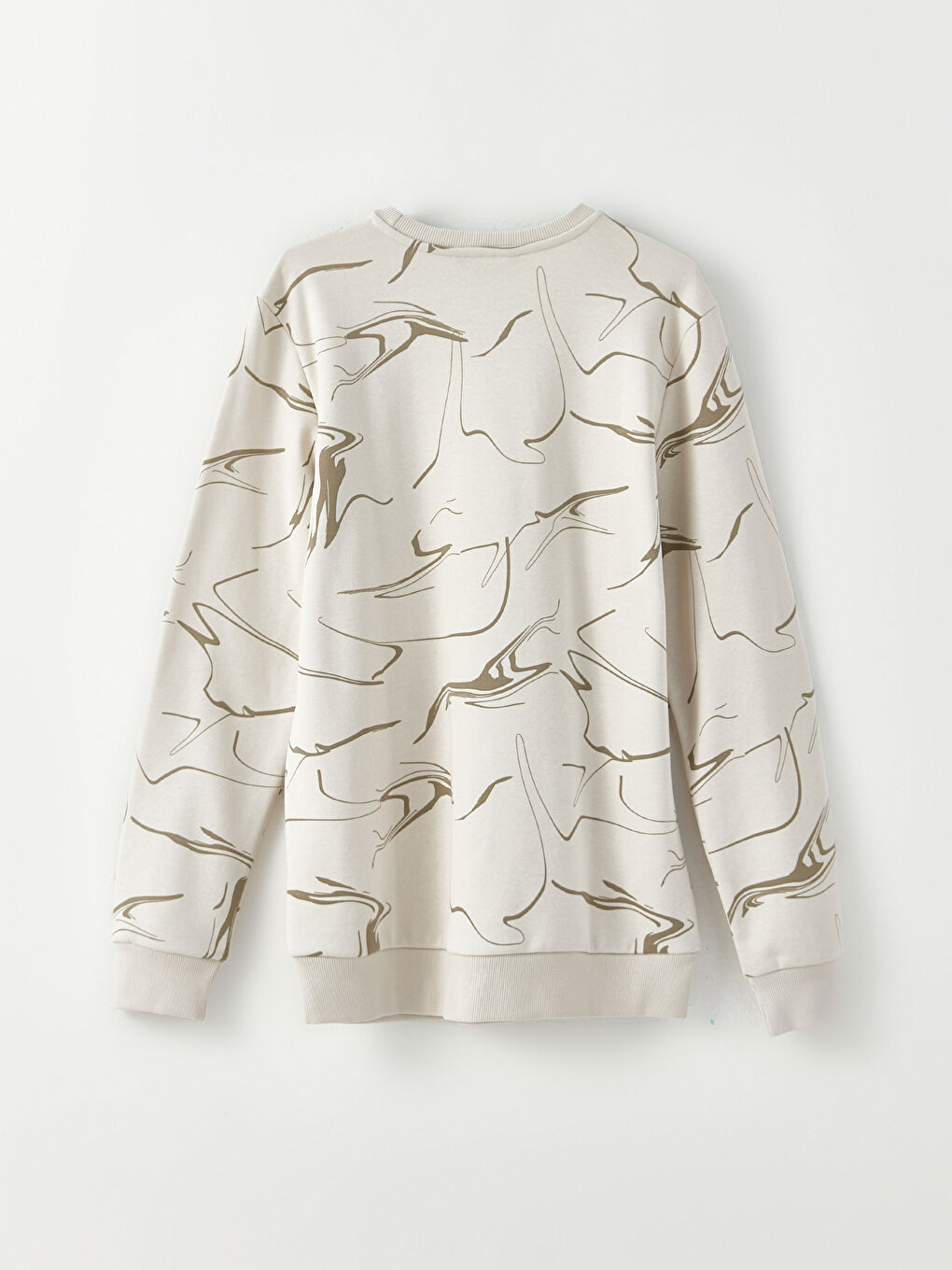 Bej Bisiklet Yaka Baskılı Erkek Kalın Sweatshirt-1