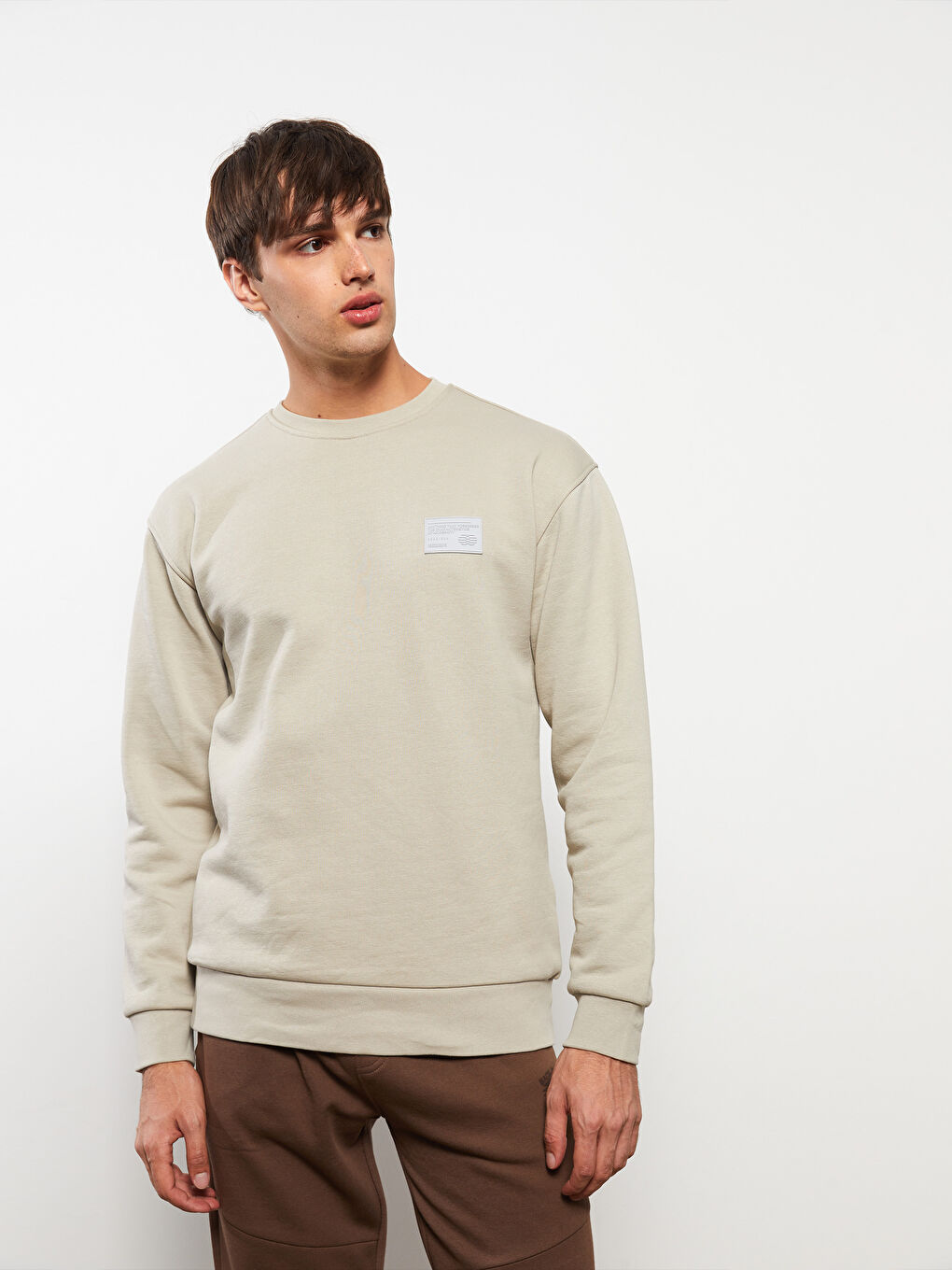 Bej Bisiklet Yaka Baskılı Erkek Kalın Sweatshirt