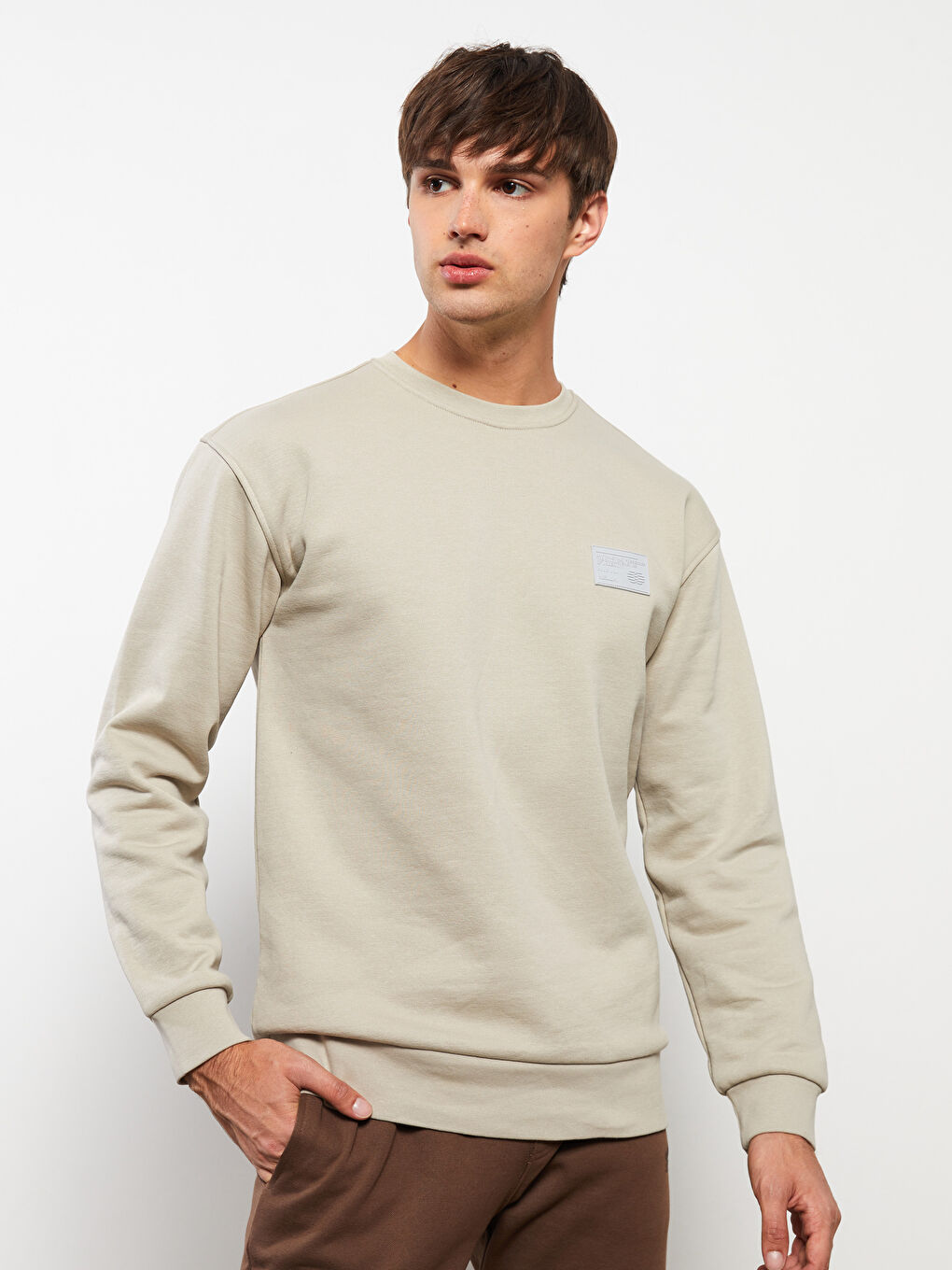 Bej Bisiklet Yaka Baskılı Erkek Kalın Sweatshirt-1