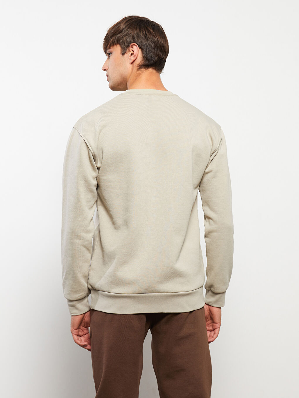 Bej Bisiklet Yaka Baskılı Erkek Kalın Sweatshirt-4