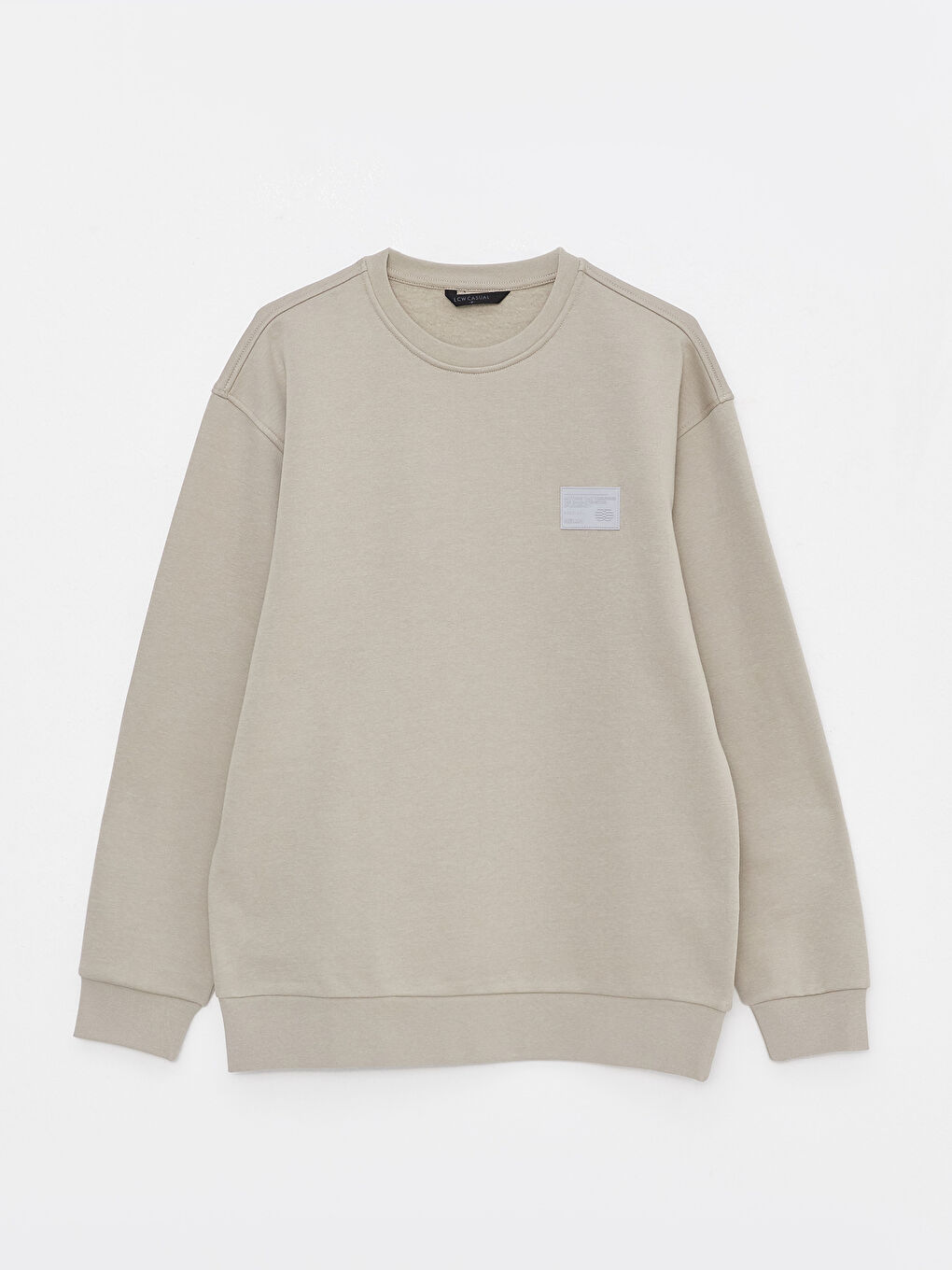 Bej Bisiklet Yaka Baskılı Erkek Kalın Sweatshirt-5