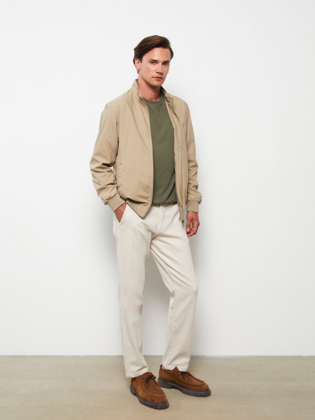 Bej Standart Kalıp Dik Yaka Erkek Mont-1