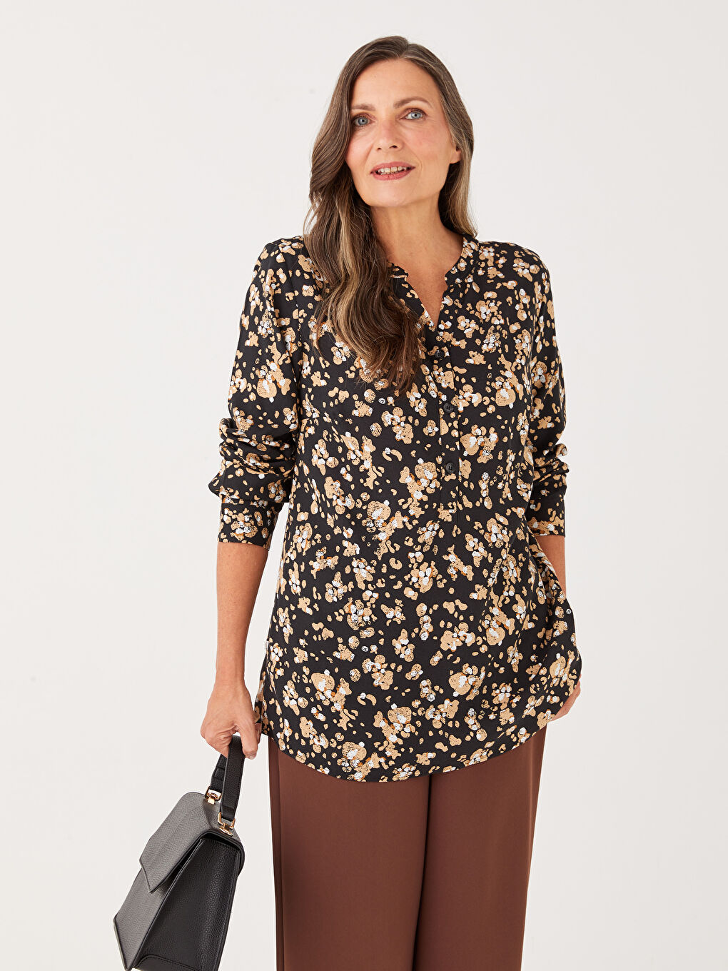 Encolure Henley Fleur Manches Longues Viscose Blouse pour Femmes