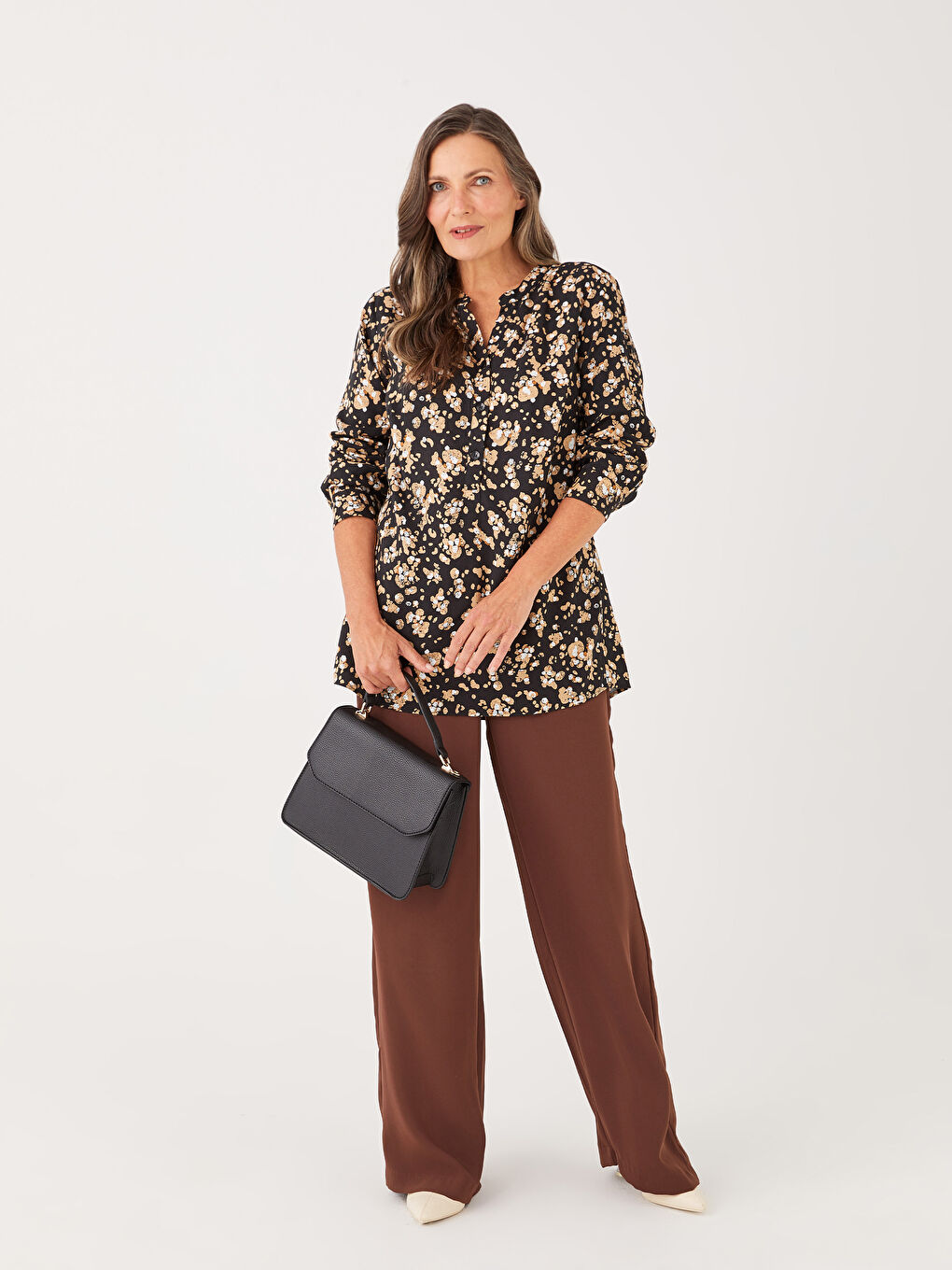 Encolure Henley Fleur Manches Longues Viscose Blouse pour Femmes-1