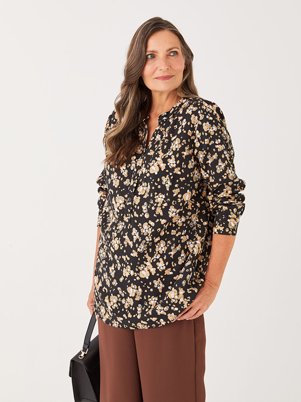 Encolure Henley Fleur Manches Longues Viscose Blouse pour Femmes-2
