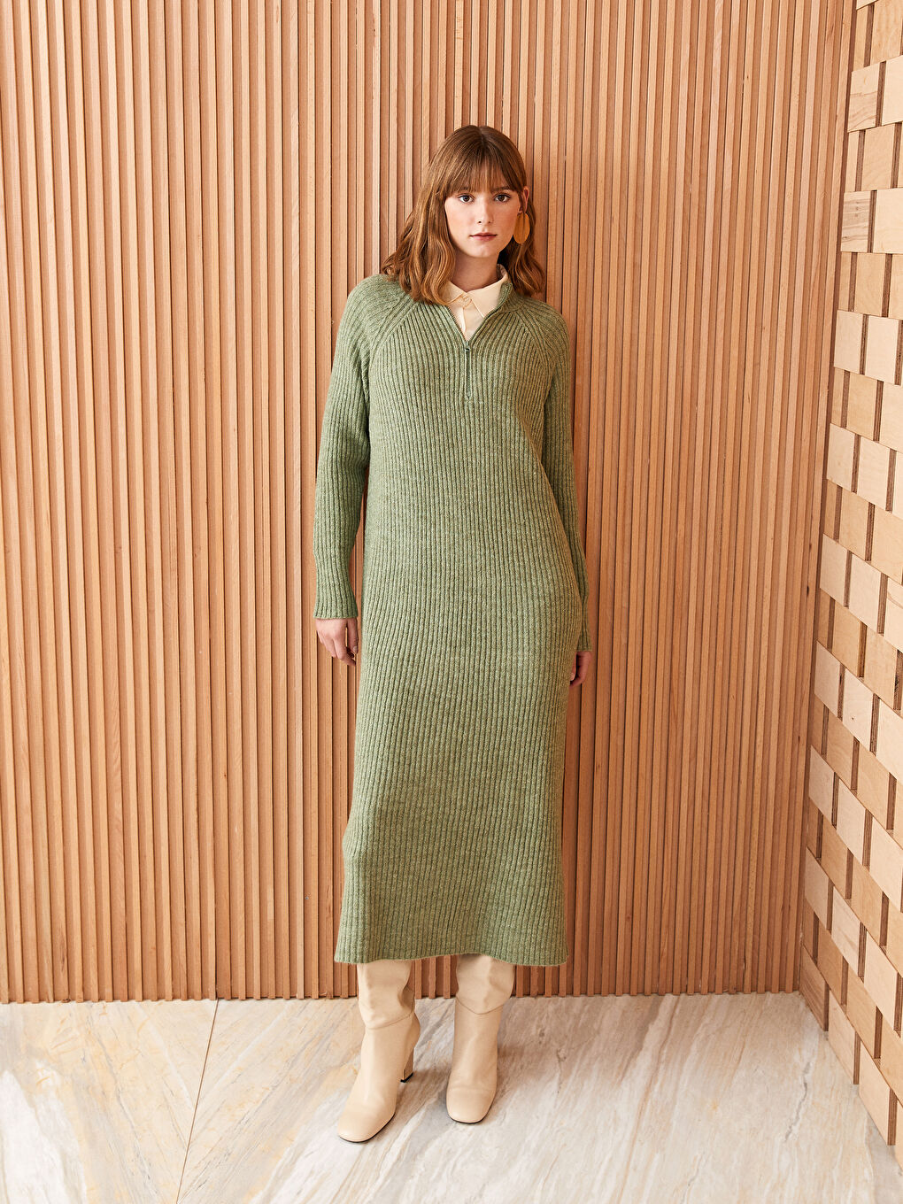 Yeşil Bisiklet Yaka Düz Uzun Kollu Kadın Triko Elbise