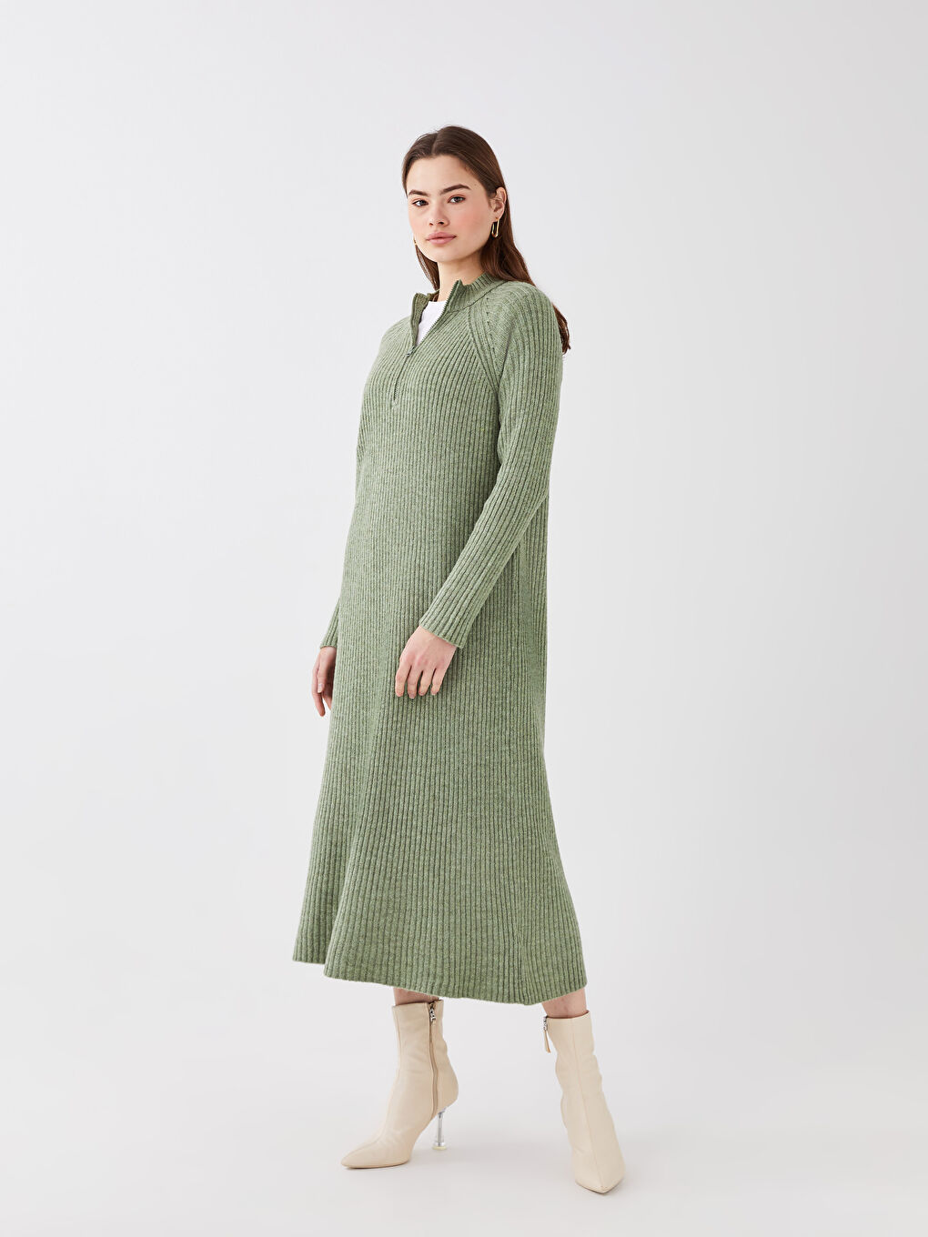 Yeşil Bisiklet Yaka Düz Uzun Kollu Kadın Triko Elbise-3