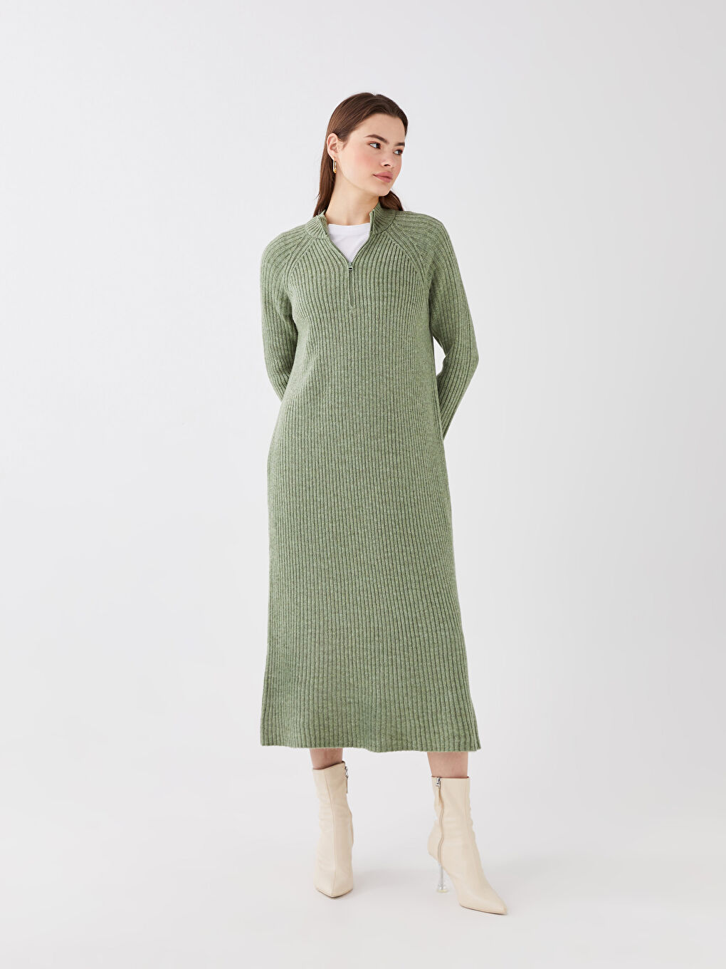 Yeşil Bisiklet Yaka Düz Uzun Kollu Kadın Triko Elbise-4