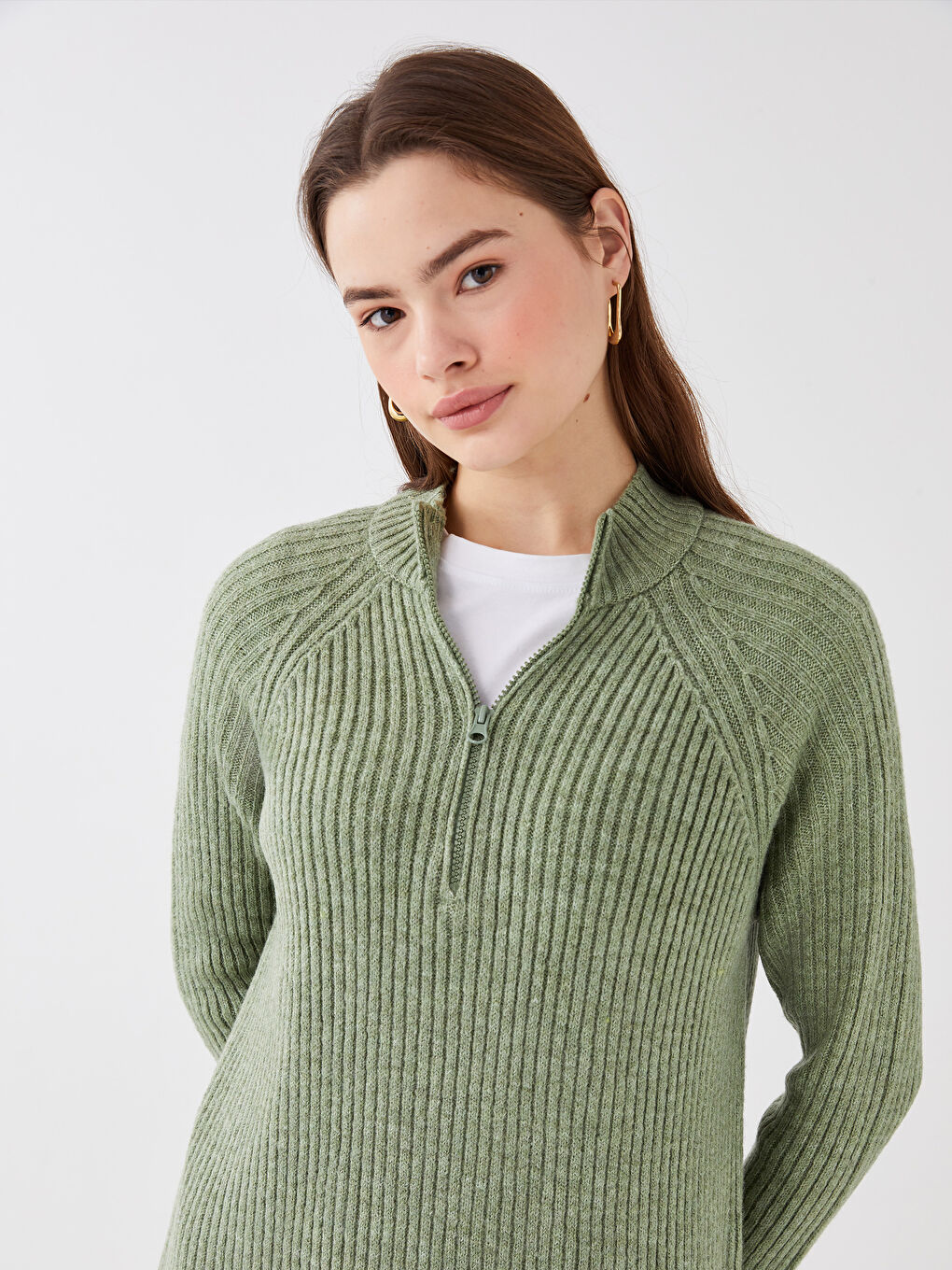 Yeşil Bisiklet Yaka Düz Uzun Kollu Kadın Triko Elbise-5