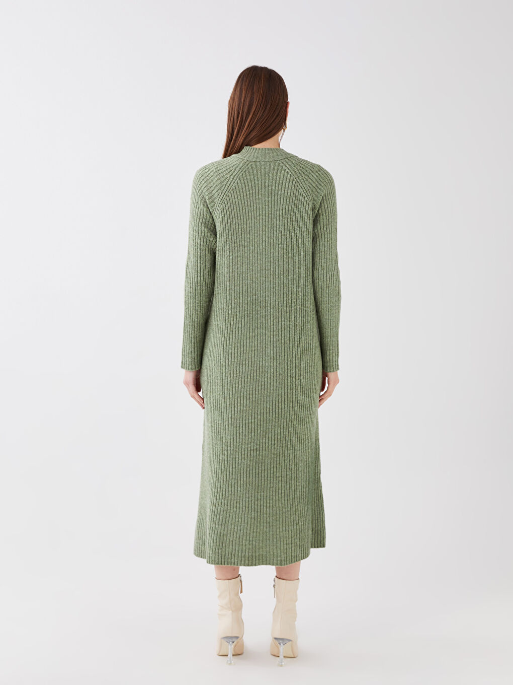 Yeşil Bisiklet Yaka Düz Uzun Kollu Kadın Triko Elbise-6