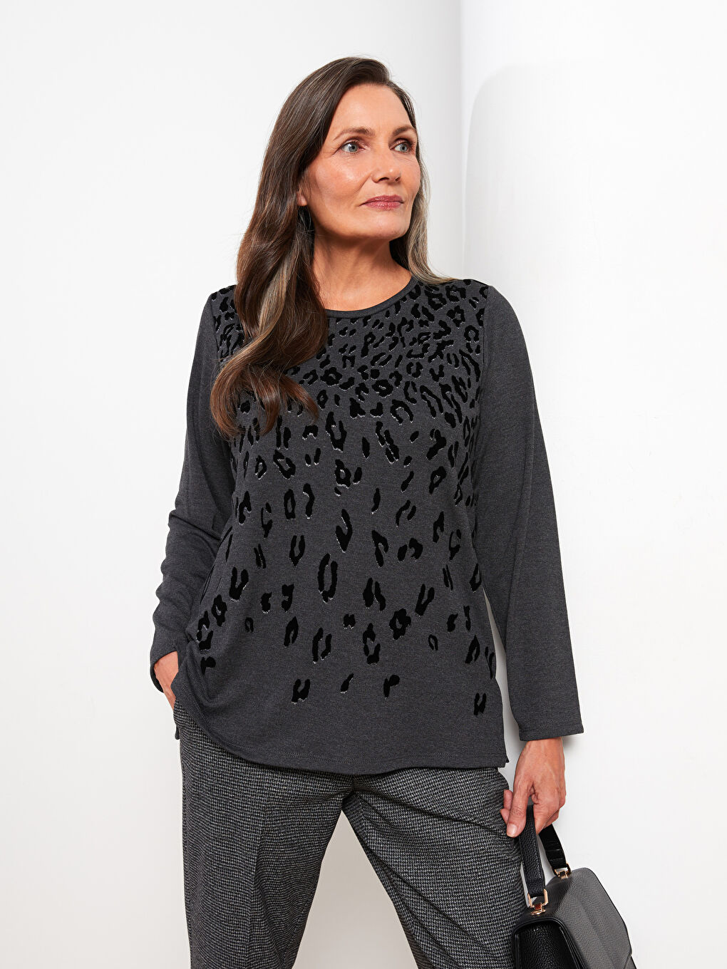 LCW Grace Crew Neck Patterned Long Sleeve Women's Blouse -W2EJ68Z8-L8N
