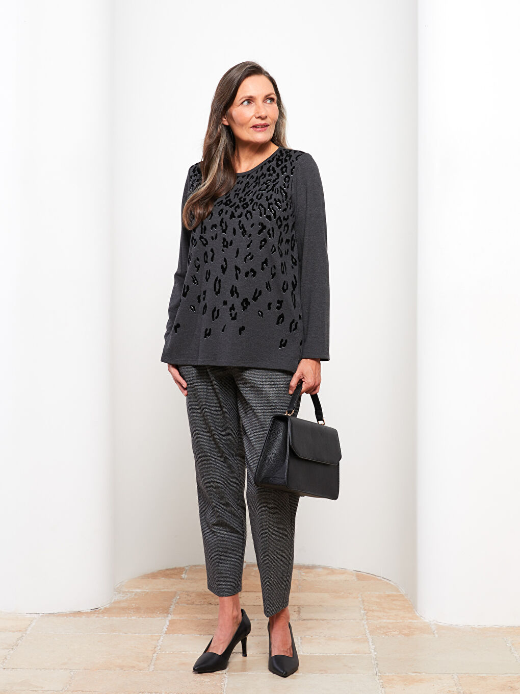 LCW Grace Crew Neck Patterned Long Sleeve Women's Blouse -W2EJ68Z8-L8N