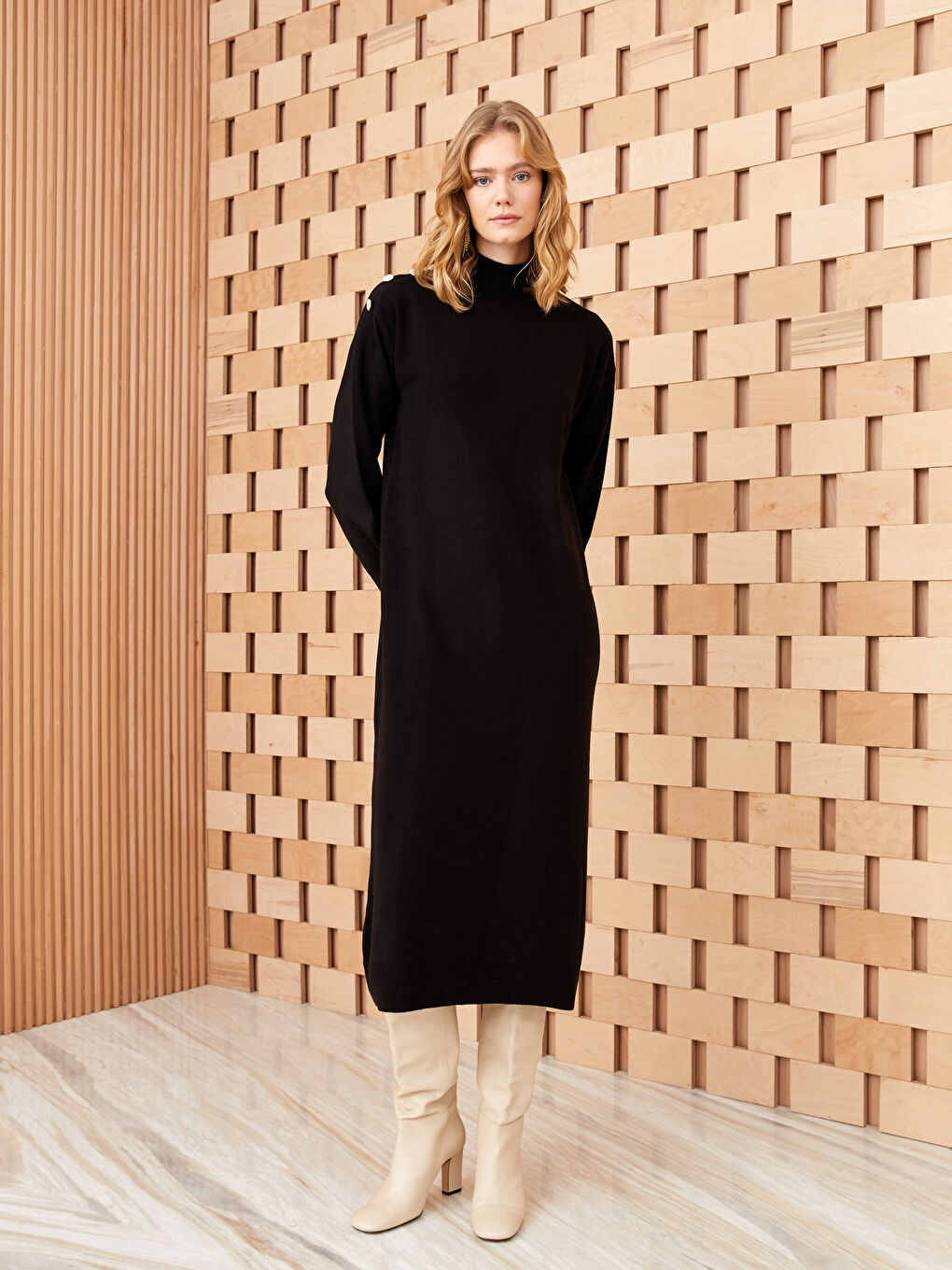 LCW Modest Stehkragen Gerade Langarm Oversize Damen Strickkleid -W2EJ69Z8-RQL