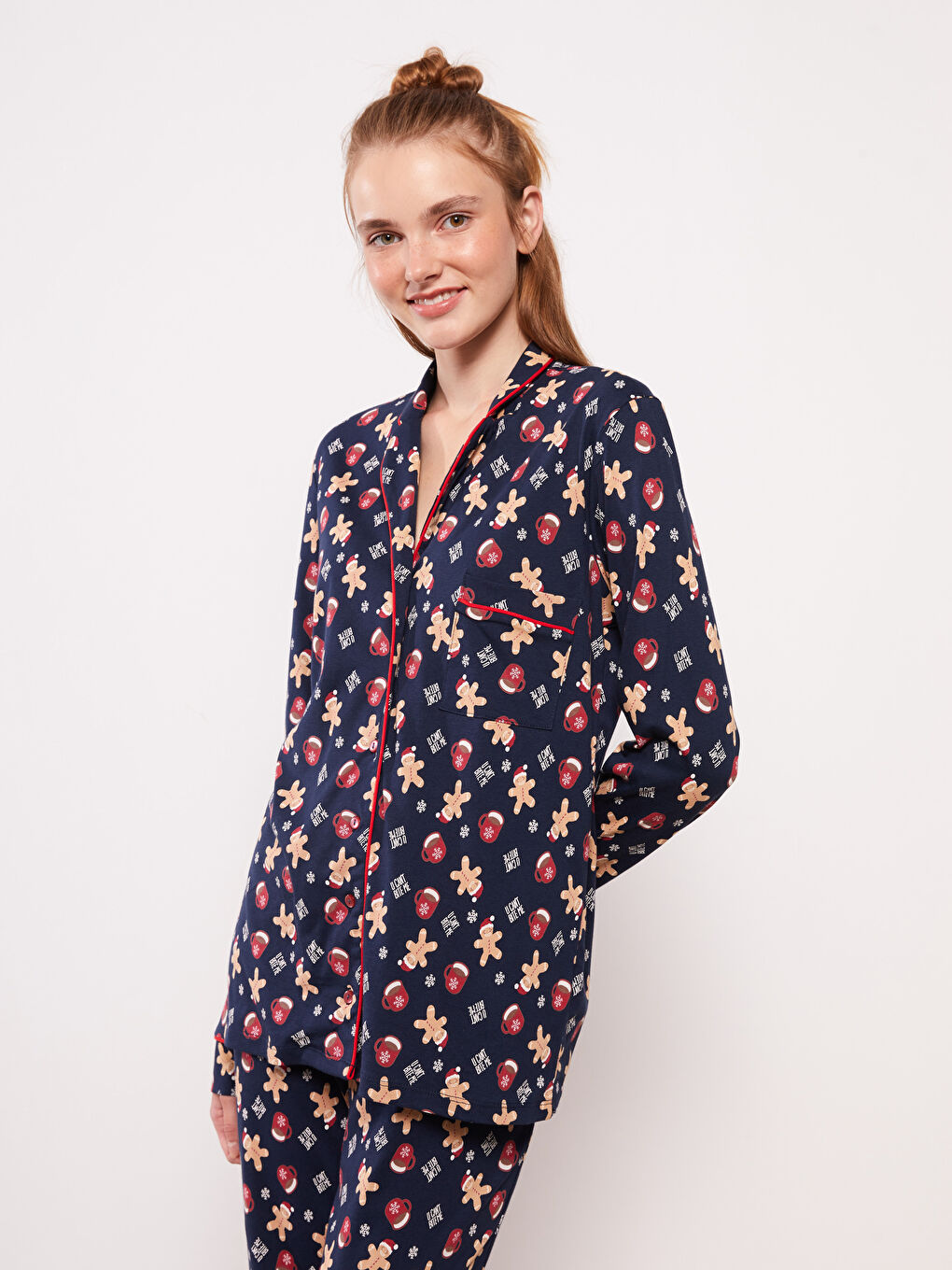 Lacivert Gömlek Yaka Yılbaşı Temalı Uzun Kollu Pamuklu Kadın Pijama Takım-1