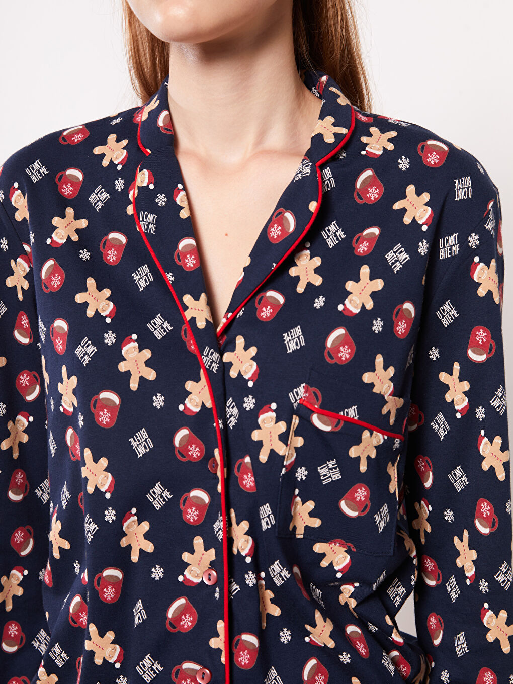 Lacivert Gömlek Yaka Yılbaşı Temalı Uzun Kollu Pamuklu Kadın Pijama Takım-3