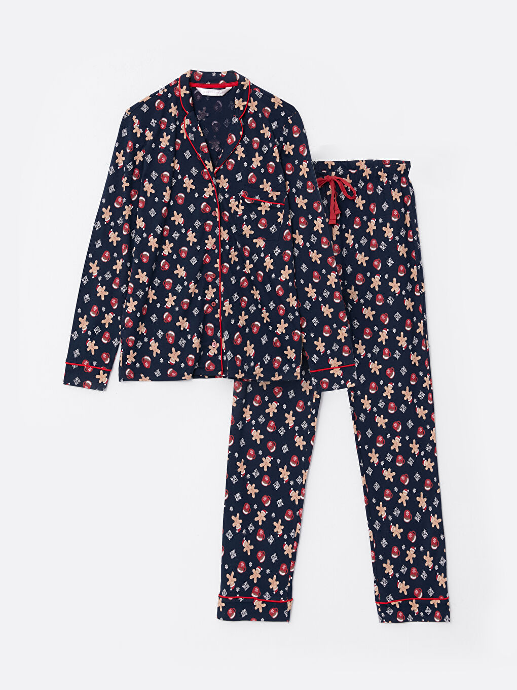 Lacivert Gömlek Yaka Yılbaşı Temalı Uzun Kollu Pamuklu Kadın Pijama Takım-5