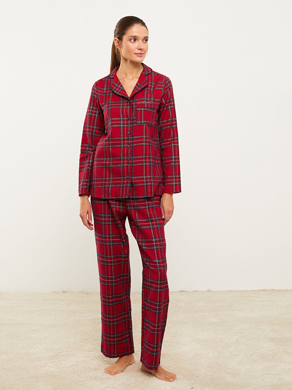 LCW DREAM Kirmizi Gömlek Yaka Ekose Kadın Pijama Takımı