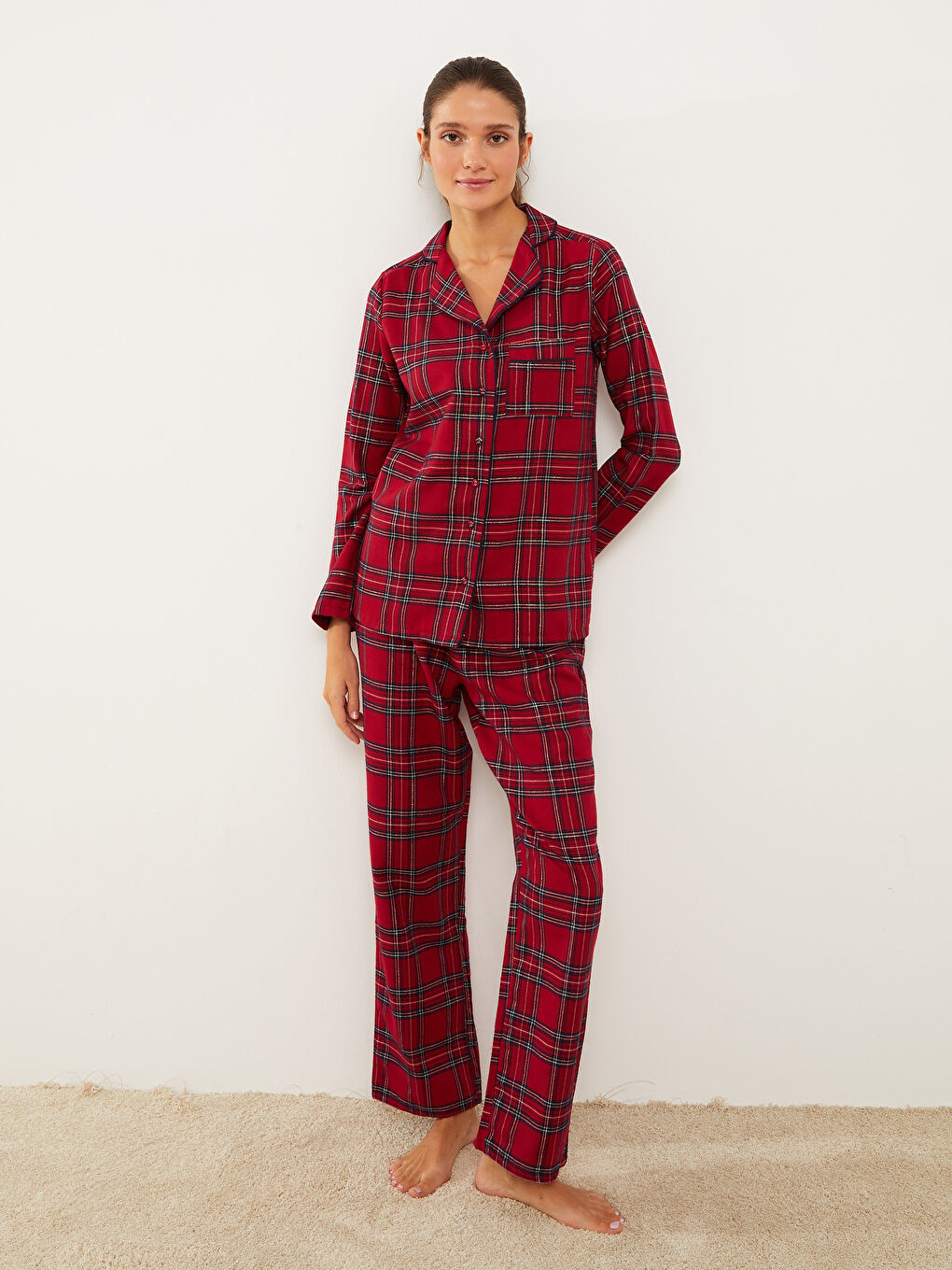 LCW DREAM Kirmizi Gömlek Yaka Ekose Kadın Pijama Takımı - 2