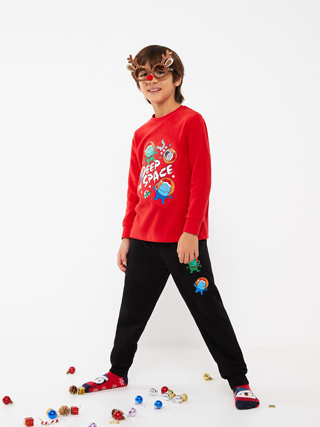 Kırmızı Bisiklet Yaka Baskılı Uzun Kollu Polar Erkek Çocuk Pijama Takımı