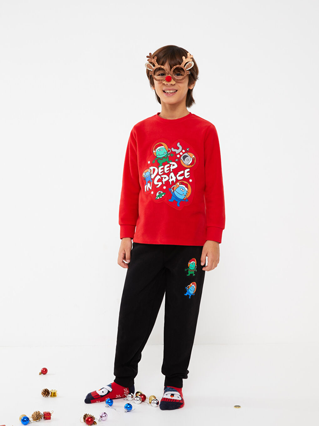 Kırmızı Bisiklet Yaka Baskılı Uzun Kollu Polar Erkek Çocuk Pijama Takımı-1