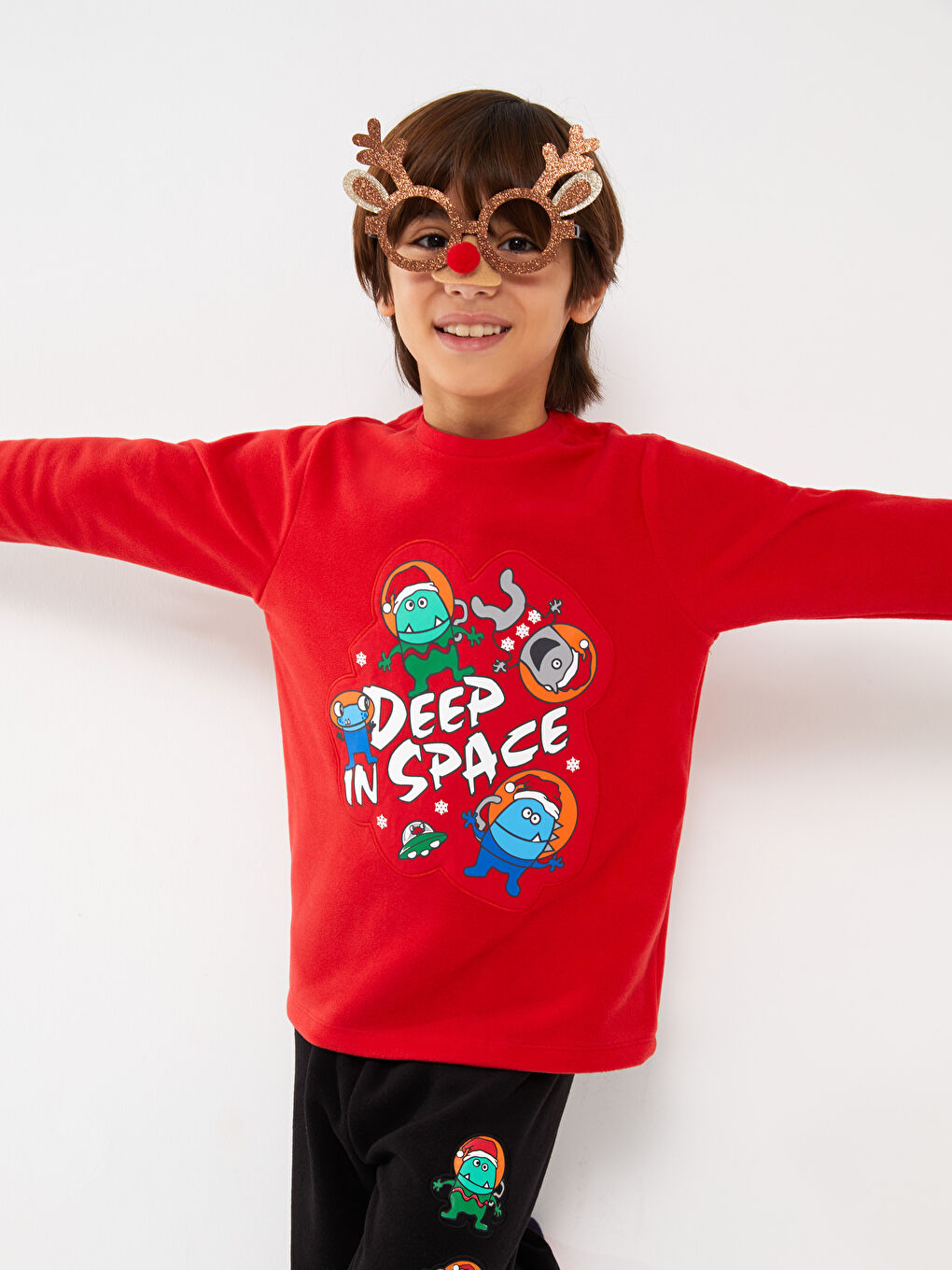 Kırmızı Bisiklet Yaka Baskılı Uzun Kollu Polar Erkek Çocuk Pijama Takımı-3