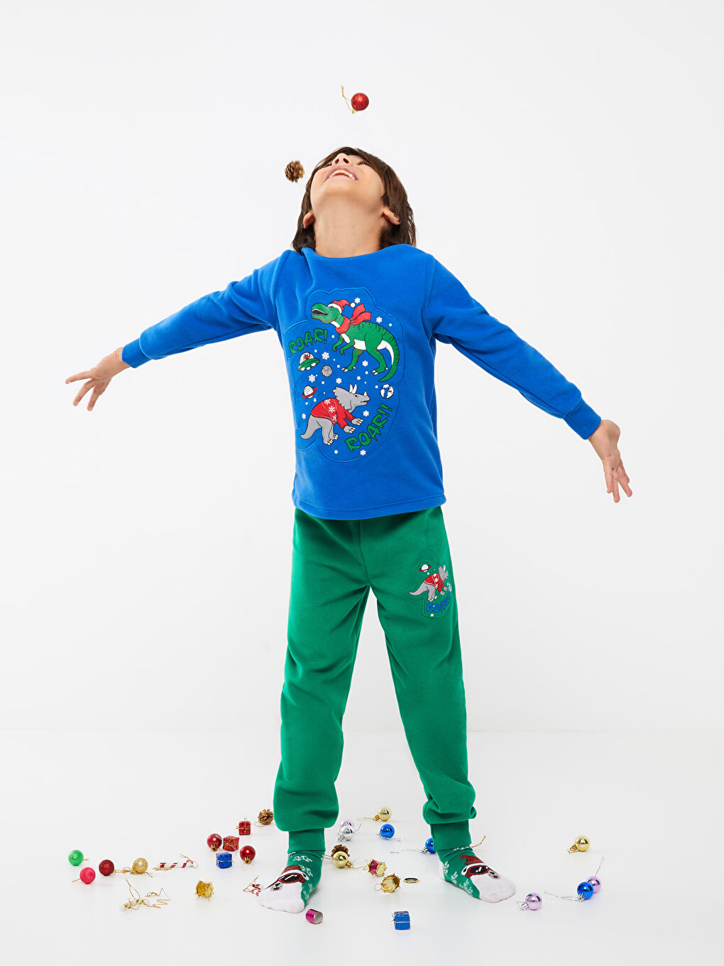 Crew Neck Christmas Themed Long Sleeve Fleece Boys Pajamas Set-1