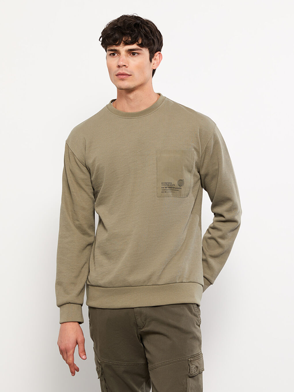 LCW Casual Haki Bisiklet Yaka Uzun Kollu Baskılı Erkek Sweatshirt