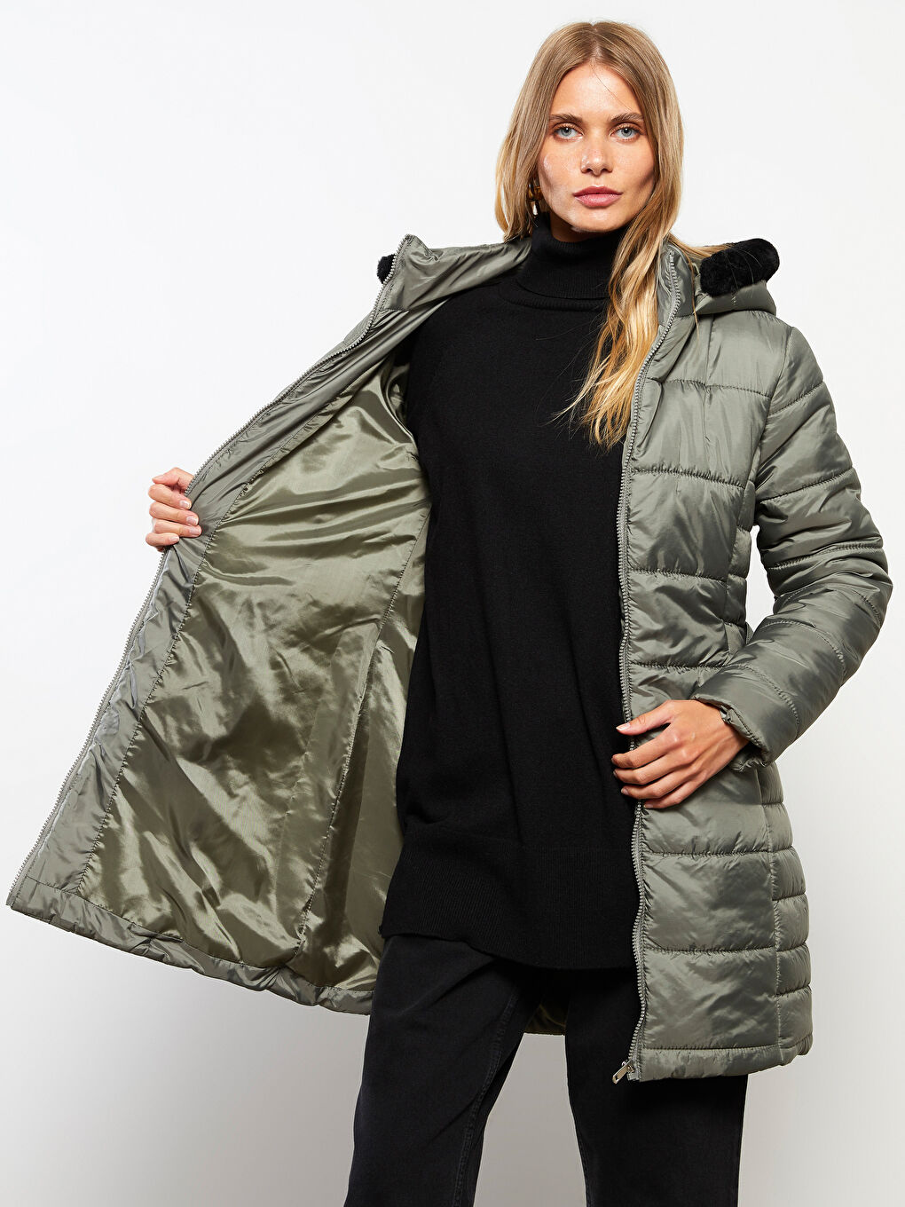 Haki Kadın Kapüşonlu Düz Şişme Mont-2