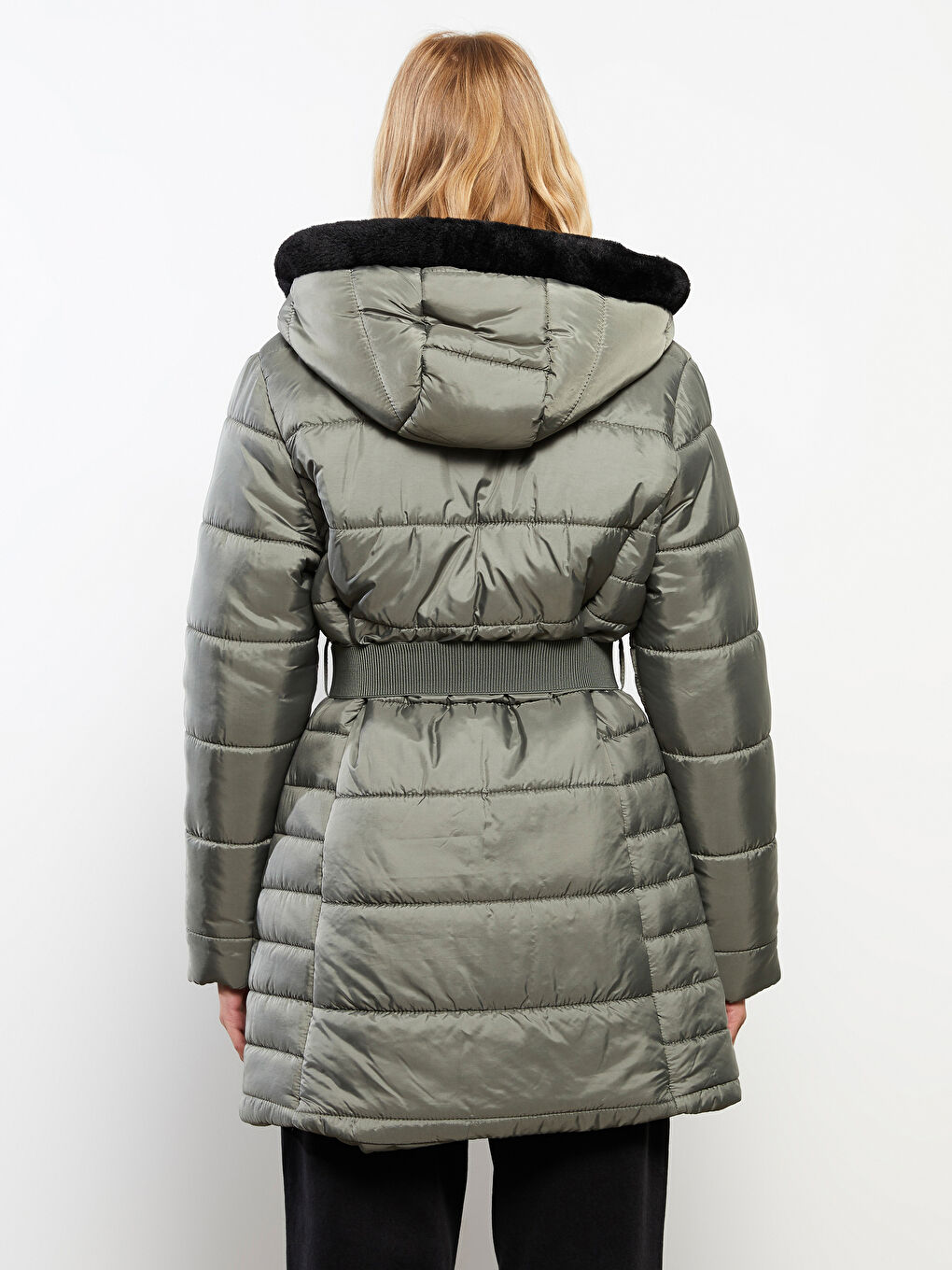 Haki Kadın Kapüşonlu Düz Şişme Mont-6