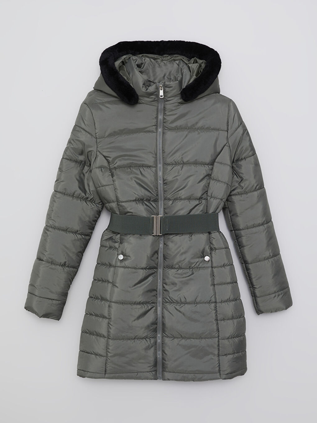 Haki Kadın Kapüşonlu Düz Şişme Mont-7