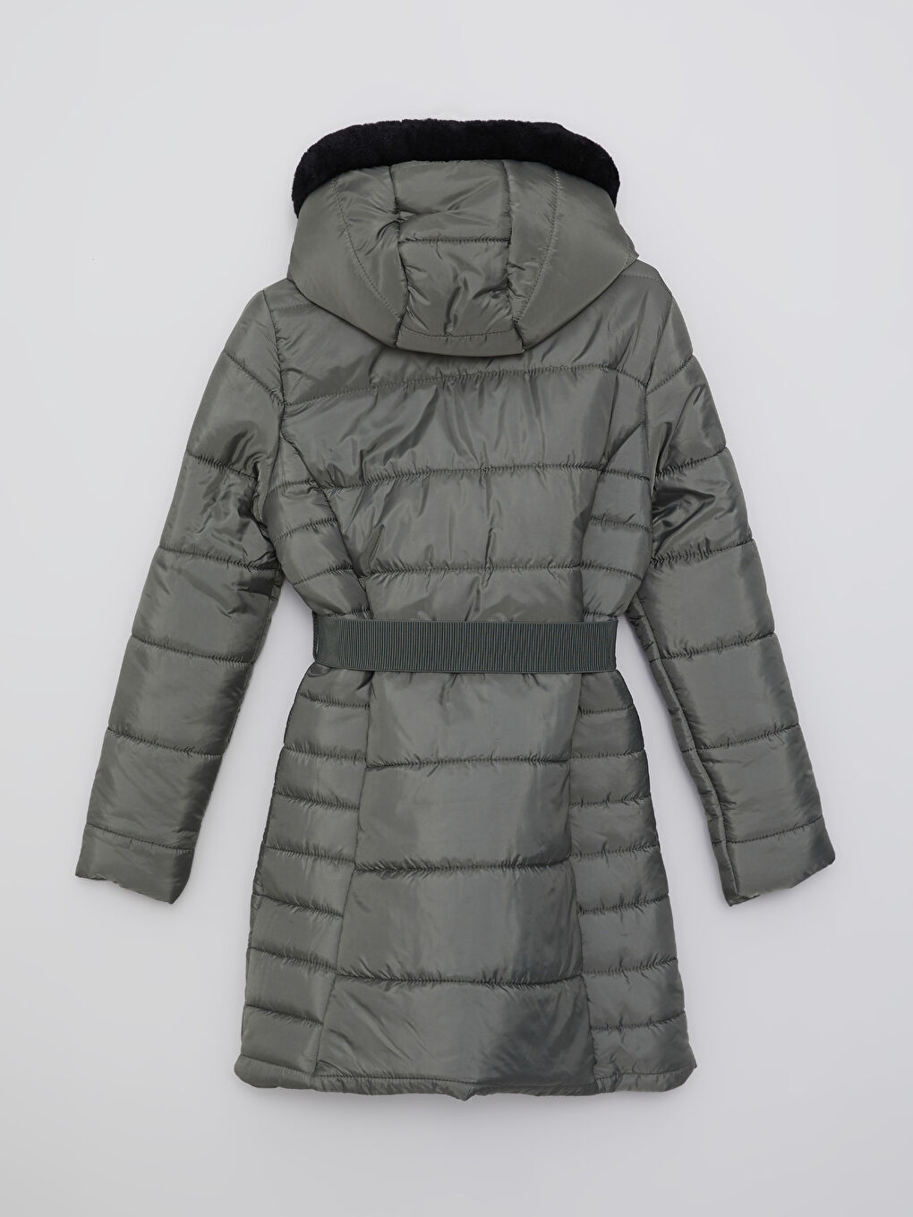 Haki Kadın Kapüşonlu Düz Şişme Mont-8